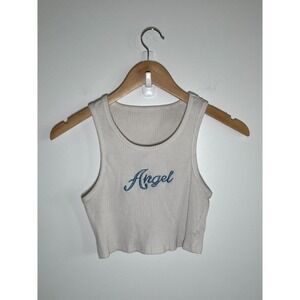 Y2K Womens Baby Tee Ribbed Tank‎ Angel Embroidered White Medium